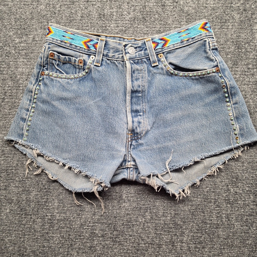 Levis 501 Vintage 80s USA Streets Ahead Beaded Turquoise Studded Denim Shorts 27 - Picture 2 of 11